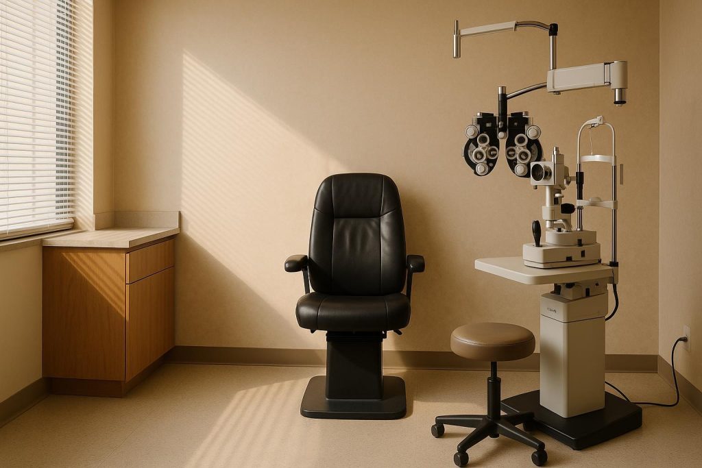 Modern optometry exam room referencing laser eye surgery in Edmonton.