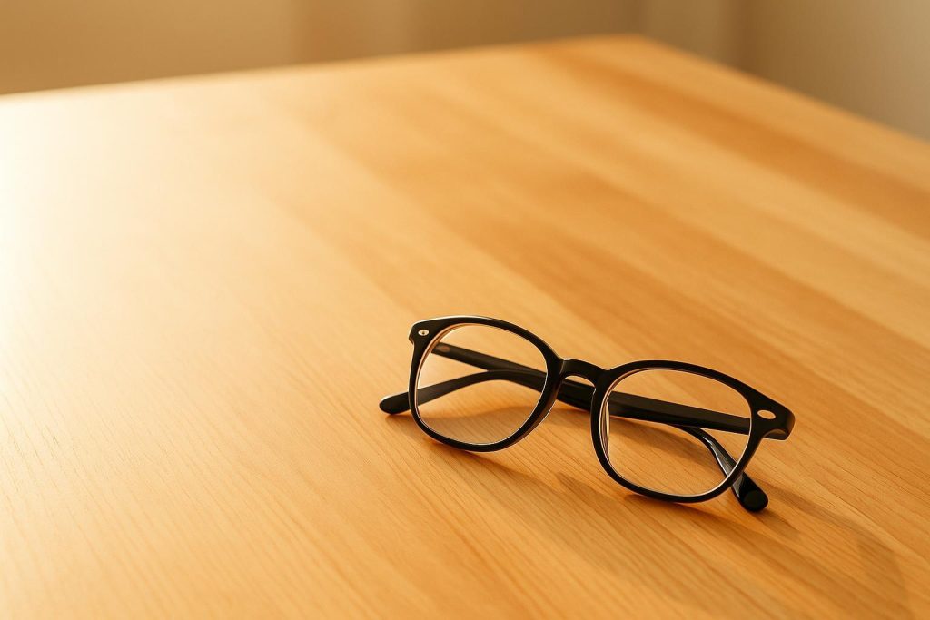 Close-up of prescription glasses on a desk, referencing coverage in Alberta.
