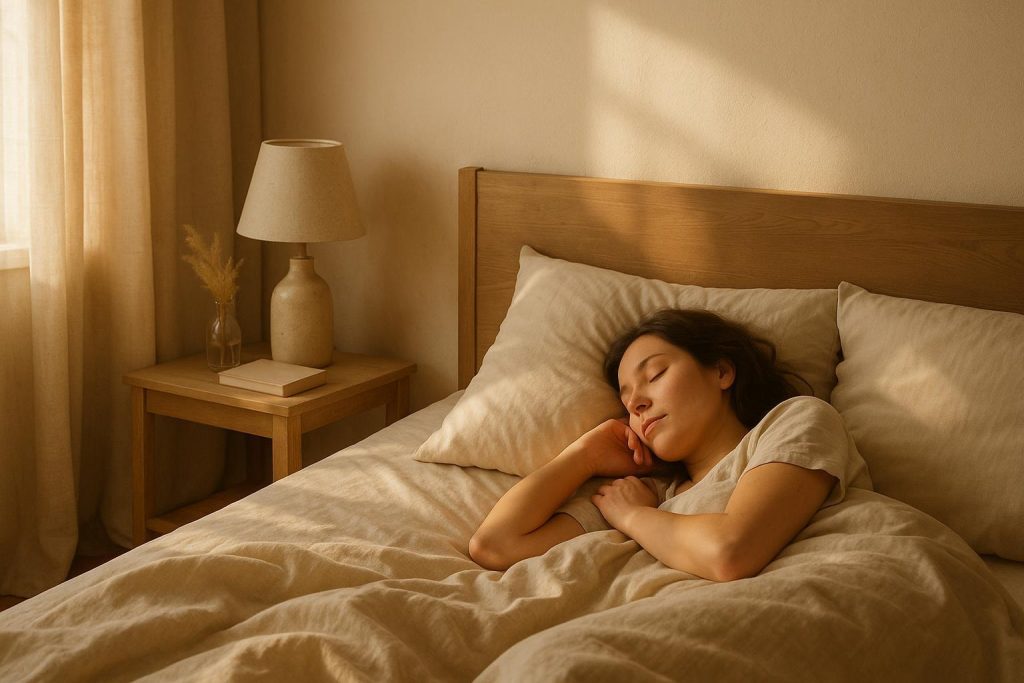 Woman sleeping peacefully in warm light, illustrating how sleep impacts dry eye syndrome.
