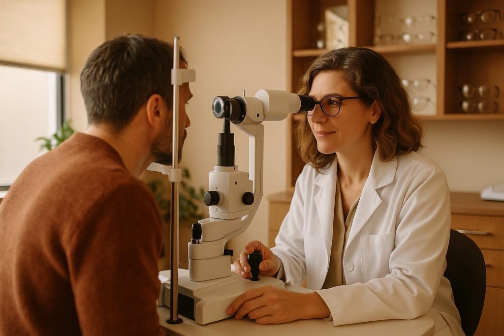 Optometrist examines patient's eye, highlighting retinal detachment awareness.