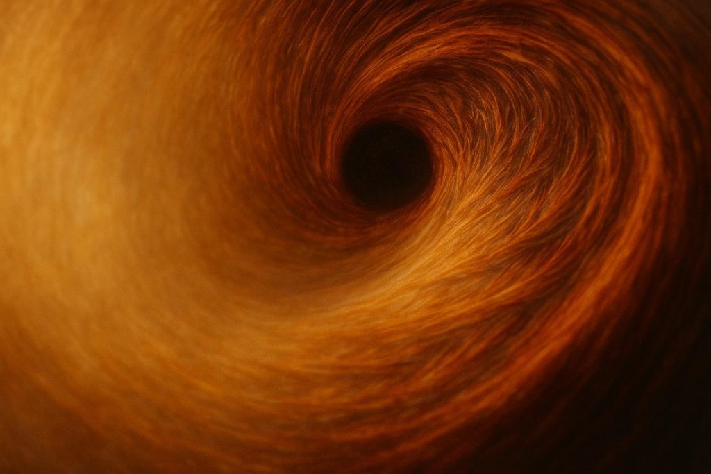 Abstract swirl evokes eye structure, referencing a retinal tear.