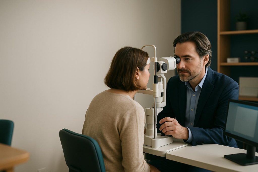 Optometrist reviewing diagnostic results for management of ocular conditions